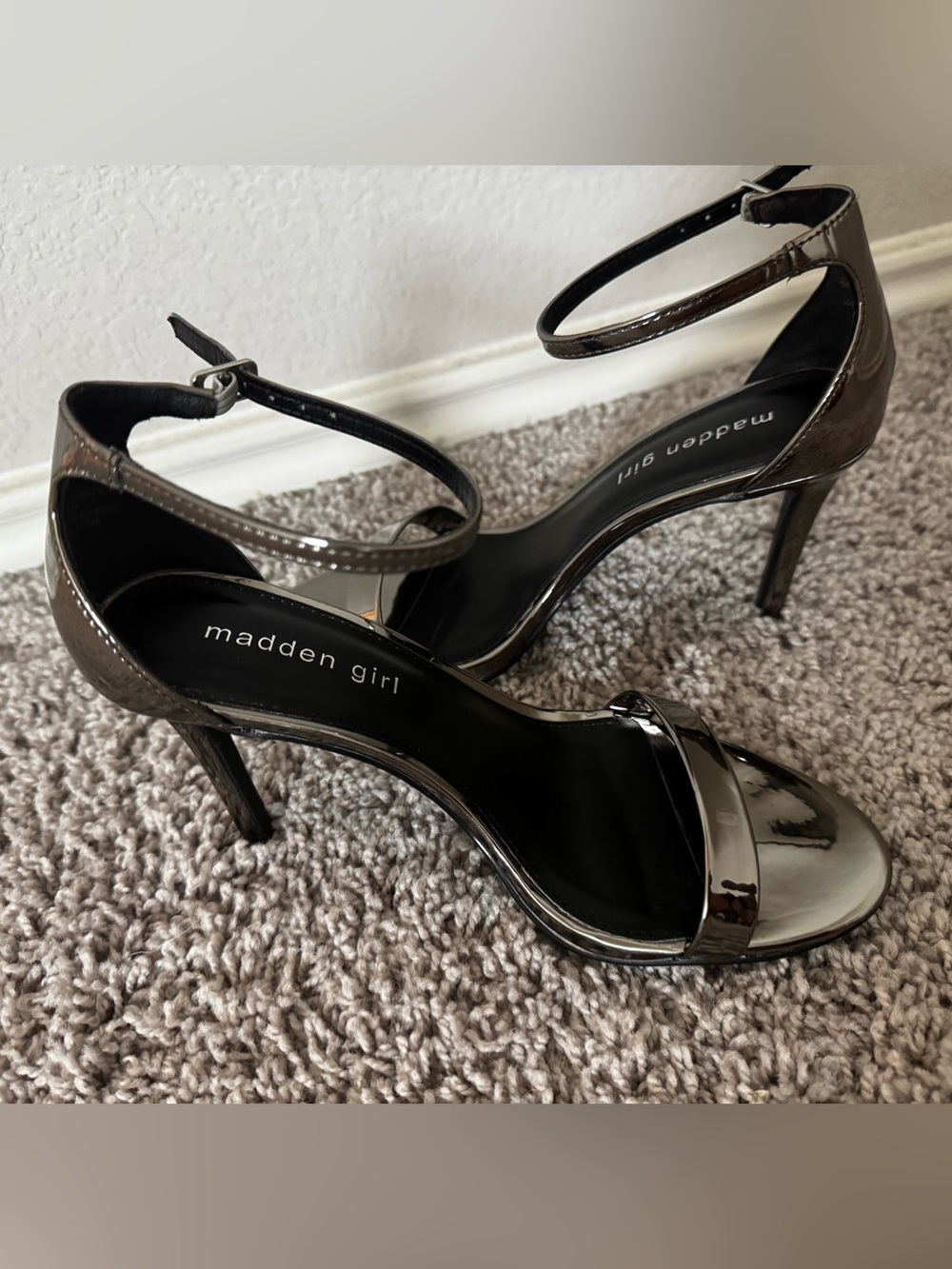 Madden Girl Black Patent Ankle-Strap Stiletto Heels